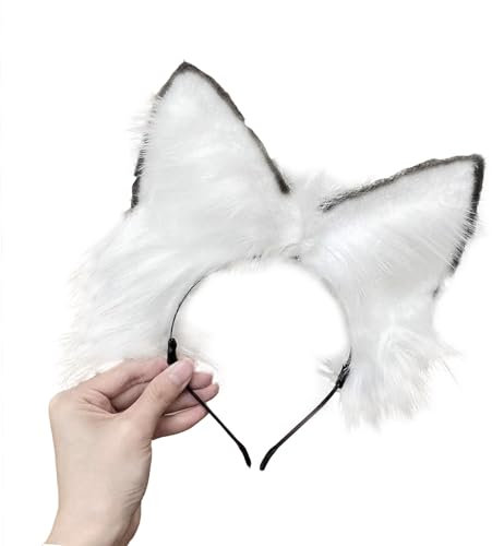 Ycfish Serre-tête en fausse fourrure fait à la main avec oreilles de chat pour cosplay, fête costumée, accessoires pour Halloween, serre-tête, oreilles de loup, renard (noir et blanc)