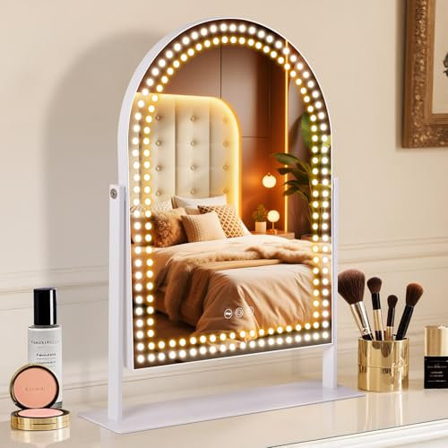 FENCHILIN Vanity Mirror with Lights Arched Hollywood Makeup Mirror with Lights Lighted 360° Rotation 3 Color Lighting Modes 10X Magnifying for Dressing Table 30x48 cm