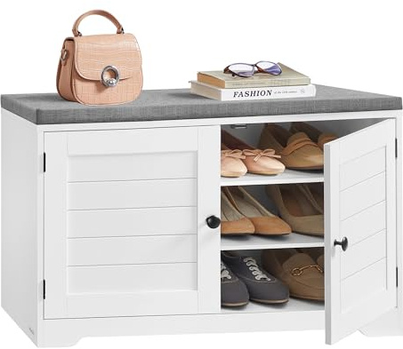 VASAGLE Shoe Storage Bench with Cushion, 3-Tier Entryway Bench with Padded Seat, Doors, Adjustable Shelves, 14 x 31.9 x 20.7 Inches, for Hallway, Bedroom, Cloud White and Dove Gray ULSB034W01