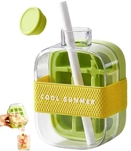 2 in 1 Water Bottle Ice Cube Tray Mold, Ice Cube Bottle with Straw, Touch-Free Ice Cube Tray Water Bottle with Lid, Press to Release Ice Tray for Freezer,Coffee, Juice,and Beverages (500ml)