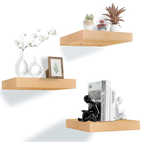 DETENE Étagères Murales Suspendue Lot de 3 Étagères Flottantes avec Support Invisible Etagères Murales Étagères en Bois pour Salle de Bain, Chambre, Cuisine, Bureau, Salon(20cm*2.8cm)