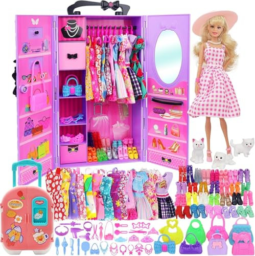 83 Teile Puppenkleidung Puppenzubehör Kleiderschrank für 11,5 Zoll Puppe Dress Up Set mit Koffer, Kleider, Schuhe, Taschen, Halsketten, Kleiderbügel, Spielzeug Haustier