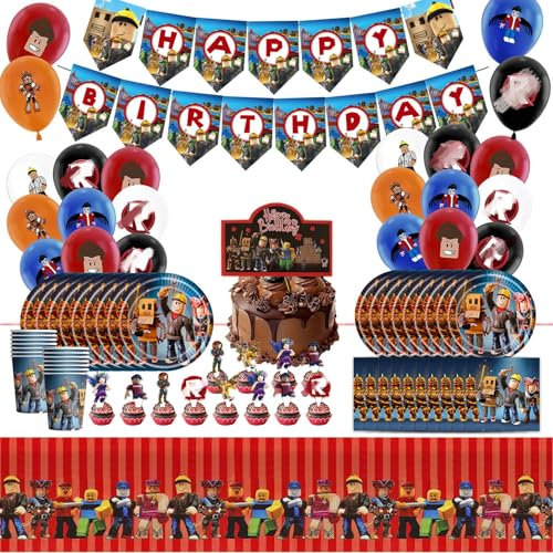 Rob-lx - Lot de 95 pièces - Décoration d'anniversaire - Avec bannière « Happy Birthday » - Assiettes, serviettes, nappe, gobelets en carton - Pour garçons et filles