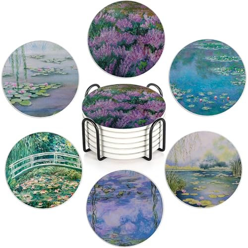 Claude Monet Water Lilies Set of 6 Coasters Absorbent Ceramic Drink Mats with Cork Base & Metal Holder, Spill Protectors for Mugs/Cups, Cheerful Home/Bar Decor