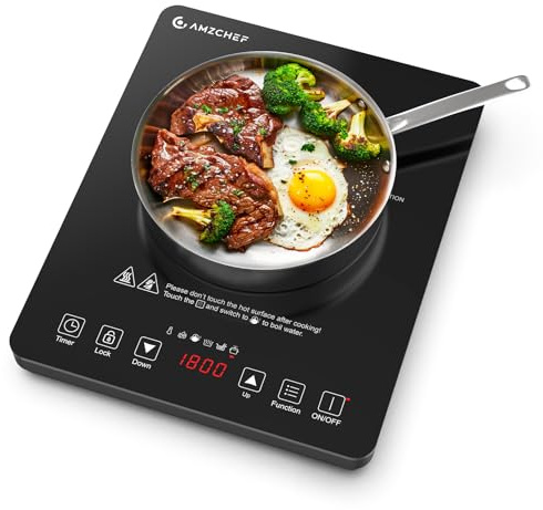 AMZCHEF Portable Induction Cooktop with 4 Preset Menus, 20 Temperature & Power Settings,1800W Countertop Burner, Safety Functions,4H Timer, Electric Hot Plate for Kitchen, RV, Apartment, Room
