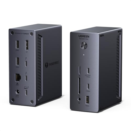 UGREEN Revodok MAX Docking Station Thunderbolt 4 Doppio Schermo Estensione | 13 in 1, 2 TBT4, 1 DisplayPort, 40Gbps, Dual 4K 60Hz, Singolo 8K 30Hz, RJ45 1GbE, PD 96W Ricarica, SD, TF, Audio 3,5mm