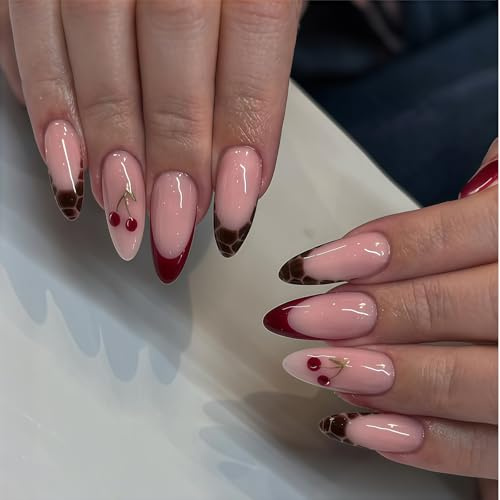 Auroriel 24 Pieces Medium Almond Press On Nails Red French Tip Pink Cherry Bordeaux Design Reusable Gel Fake Nails Manicure Set