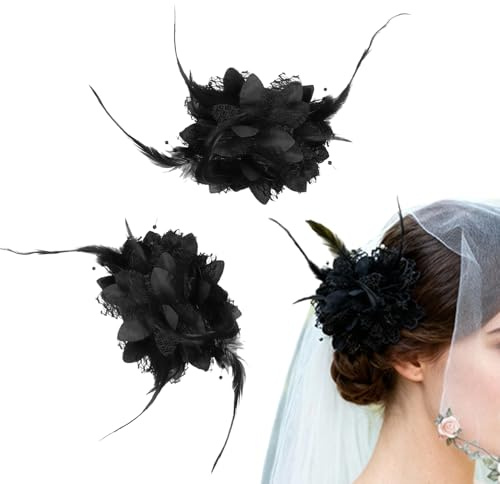 Black Rose Flower Hair Clip,2 Pcs Large Floral Fascinator With Feathers And Bead Accents, Vintage-Inspired Hair Accessories For Women Girls, Wedding Party Prom Styling