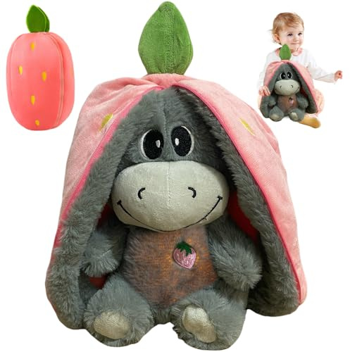 KUWUNG Atmendes Kuscheltier Esel, 32cm Herzschlag Plüsch Esel mit Atmung, Musik und Lichtern, Weiches Erdbeer Avocado Plüschtier Puppe, Kuscheltier Atmet Esels zum Linderung Angstzuständen (Rosa)