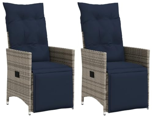 Tonture Gartenstühle Verstellbar 2 STK. mit Kissen Grau, Polyrattan Loungesessel für Outdoor, Terrasse, Balkon, UV-beständig, 110kg Tragkraft