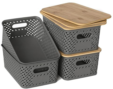 HapiLeap Plastic Storage Baskets With Bamboo Lid, Stackable Plastic Storage Boxes for Organizing Pantry Shelves Drawers Desktop Closet Playroom Classroom Office, 6 Pack (4-Pack Grey)
