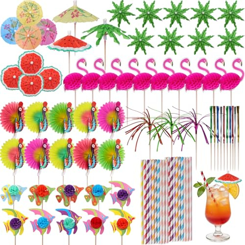 Cocktail Accessories for Drinks, 130 Pcs Cocktail Party Decorations with Cocktail Umbrellas Straws, Peacock/Flamingo/Watermelon/Sparkler Sticks for Beach, Birthday, Music Festival, Summer Party