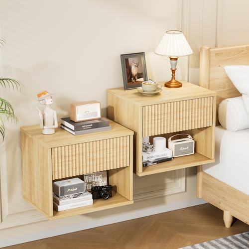 Bonnlo Nachttisch hängend, Kommode mit Schublade und Ablagefach, Nachttisch 2er Set, Modern und Elegant, Nachttisch Eiche, Reliefoptik, rechteckige Kanten und Gitterdesign, 40 x 30 x 33 cm (2, Eiche)