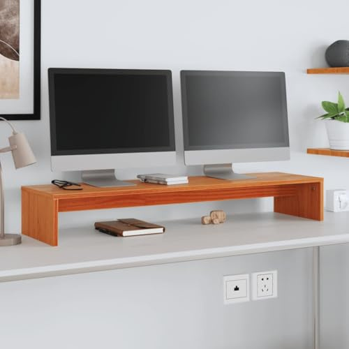 QUAHEAS Monitor Stand Wax Brown Solid Pine 100 x 27 x 15 cm Ergonomic Height Adjustable Holder Shelf for Computer Desk Workplace Home Office