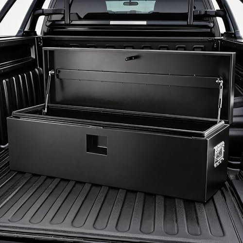 GarveeLife Truck Bed Toolbox, 100° Opening Truck Tool Box, Weatherproof Storage with Recessed Groove Lid, Rust-Proof Metal Tool Box for Pick-Up, Trailer, Black, 38×38×76 cm