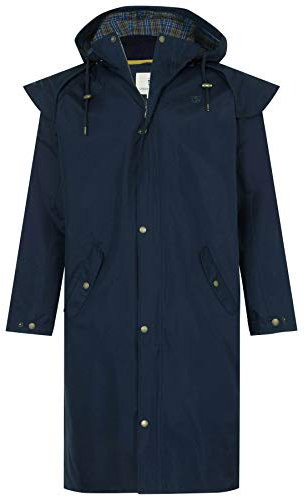 LightHouse Men's Stockman Waterproof Raincoat - Long Lined Windproof Outdoor Coat with Detachable Hood - Navy - L