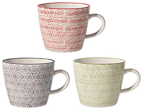 Bloomingville Kaffee-Tassen mit Henkel Isabella Retro Teetasse Vintage ø 9,5 x H 8 cm, rot lavendel grün, Keramik, 3er Set, fasst ca. 280 ml