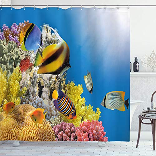 ABAKUHAUS Ozean Duschvorhang, Coral Colony auf Riff Top, Stoffliches Gewebe Badezimmerdekorationsset mit Haken, 175 x 200 cm, Blau Senf
