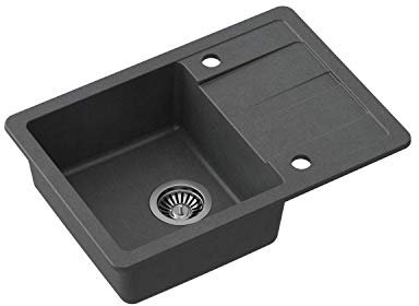 VBChome Spüle 62 x 44 cm Schwarz Granit Einzelbecken Einbauspüle Abtroffläche gesprenkelt reversibel Verbundspüle + Siphon Spülmittelspender