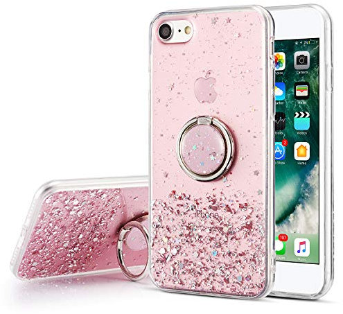 DEFBSC for iPhone 6 / iPhone 6s Case with Ring, Glitter Sequin Clear Back Cover with 360° Rotation Ring Holder Kickstand,Soft TPU Bumper Phone Case Slim Transparent Sequin Back Case - Pink