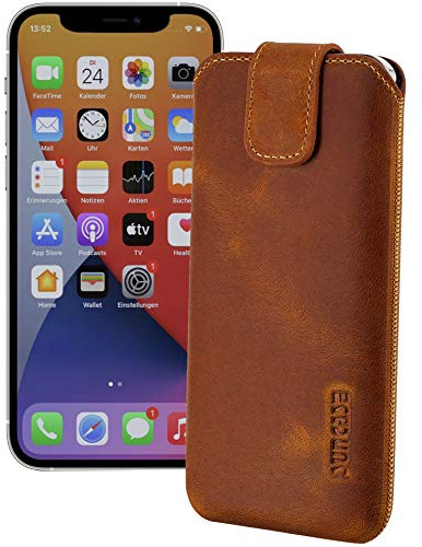 Suncase ECHT Ledertasche Leder Etui kompatibel mit iPhone 12 Pro (6.1) (mit Rückzugsfunktion und Magnetverschluss) antik Cognac