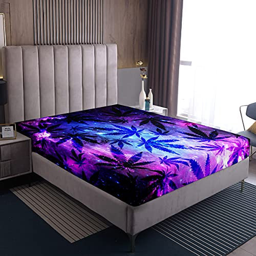 Marihuana Blatt Spannbetttuch 140x200cm Cannabis Galaxy Betten Sets Spannbettlaken Marihuana Weed Blatt Bettlaken Sanft Chic Lila Blau Galaxis Spannbettlaken für Frauen Mädchen Raumdekoration