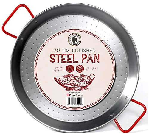 Gourmanity 12 inch Carbon Steel Paella Pan, 30cm Polished Steel Large Skillet From Spain, Great for Paella Parties Indoors, Outdoors, Camping & More, Imported Spanish Paellera, Made by Garcima