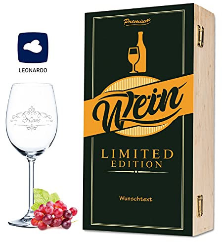 GRAVURZEILE Vino Präsent con bicchiere da vino Leonardo inciso e stampato – Limited Vino Edition – Scatola regalo di compleanno per uomini e donne – bottiglia di vino: Tandem gigante a scelta