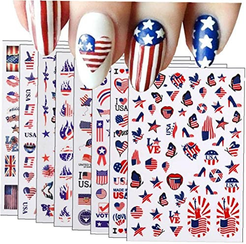 4 Juillet Stickers De Ongle d'art 8 Feuilles Indépendance Jour Décalcomanie Auto Adhésif Drapeau American Manucure Décorations
