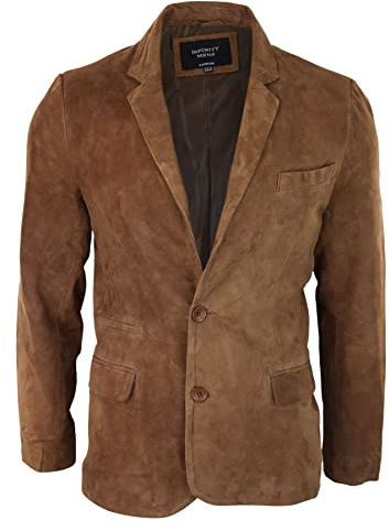 Mens Genuine Suede Blazer Style Jacket Leather Mens Classic Vintage Smart Casual - Tan 3XL