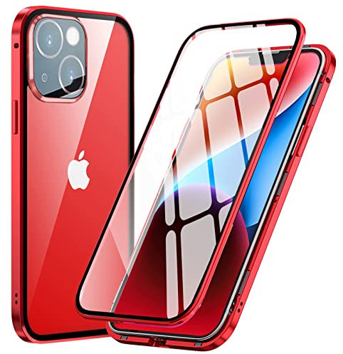 MIMGOAL for iPhone 14 Magnetic Case 360 Degree Full Body Cover, Front and Back Tempered Glass Transparent Cover, Shockproof Protective Metal Bumper [Built-in Camera Protector], Red