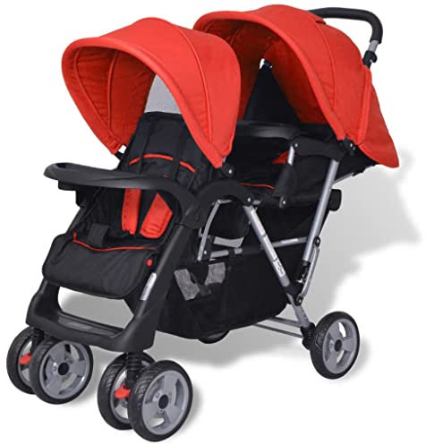 Geschwisterwagen, MOONAIRY Geschwisterbabywagen, babywagen, Geschwisterwagen, babywagen Zwillinge, Doppelbabywagen, Zwillingsbuggy, Stahl Rot und Schwarz