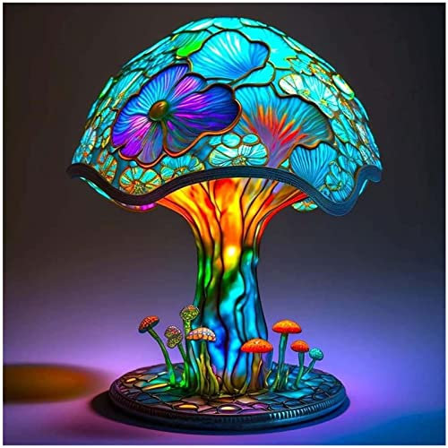 MOCIUN Stained Glass Plant Series Table Lamp, Vintage Table Lamp Decorative Bedside Lamp, Painting Glass Mushroom Table Lamp Show You A Dreamy Atmosphere (G)
