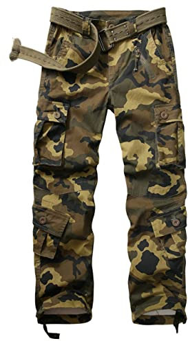 Ycfish Damen Hosen Cargo Hose Multi Taschen Wanderhose Workwear Reißverschluss Armee Militär Outdoorhose Relaxed-Fit Trekkinghose Cargohose Green Camo M 8-Tag 38