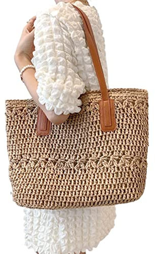 Sac de Plage en Paille pour Femmes - Grand Fourre-Tout Tissé pour Vacances d'Été - Capacité Élevée - Essentials Khaki