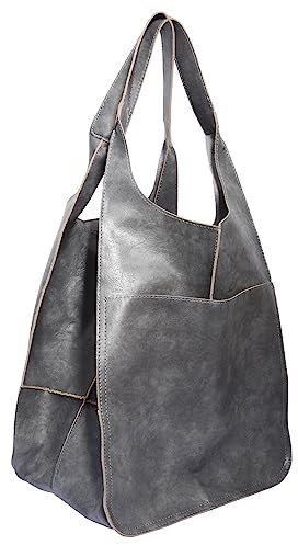 Anopo Extra Groß Handtasche für Damen Weich PU Leder Boho Tote Tasche XXL Shopper Schultertasche Überdimensionale Geldbörse für Arbeiten Reisen Grau