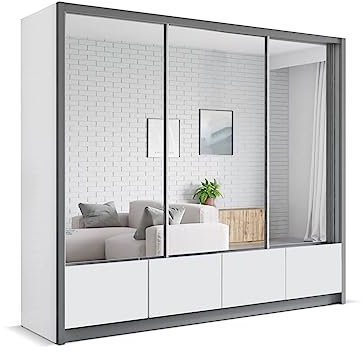 Kleiderschrank mit Schubladen Schrank mit Spiegel und Schiebetür 2-türig mit vielen Einlegeböden und Kleiderstange Gaderobe Schiebtüren Schlafzimmer - Wohnzimmerschrank SILU (Weiß, 254 cm)