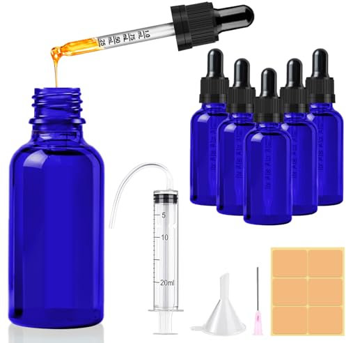 CoKeeSun 5 Stück 30ml Glasflasche mit Pipette, Wiederverwendbar Pipettenflasche, Blau Apothekerflasche mit Trichter, Spritze, Etikett für Ätherische Öle Aromatherapie-Düfte