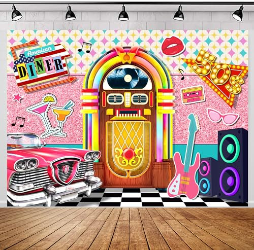 SVBright 50er Jahre Rock Roll Party Hintergrund 7Wx5H Vintage Soda Shop Back to 1950s Pink Classic Guitar Box Racing Car Dinner Time Party Decorations Fotografie Hintergrund Banner Photo Booth Studio