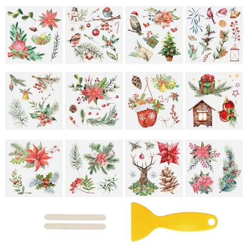 WANDIC 12 Stück Weihnachtsrose Rub On Sticker Weihnachten, Blumen und Pflanzen Winter Wasserdichte Aufkleberfür Scrapbook Tagebuch Planer Album,15 * 15cm