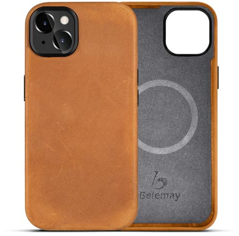 Belemay Compatible with iPhone 13 Leather Case Magsafe - Top Grain Vintage Crazy Horse Leather - Metal Buttons & Camera Bezel Bump - Slim Fit & Soft Feel - Premium Phone Cover (6.1-inch) Tan Brown