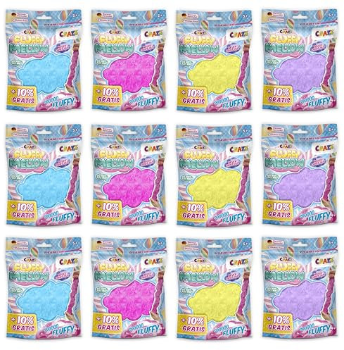 CRAZE Fluffy Mellow 12er Set - Knetmasse im Zipbeutel, 12x 25g luftige weiche Kinderknete mit Aroma, 4X Farbvarianten