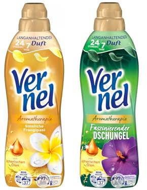 VERNEL Weichspüler-Set 2x 37 Waschladungen (74WL) Aromatherapie 1x Faszinierender Dschungel & 1x Sinnliche Frangipani, langanhaltender Wäscheduft mit ätherischen Ölen für 24/7 Frische