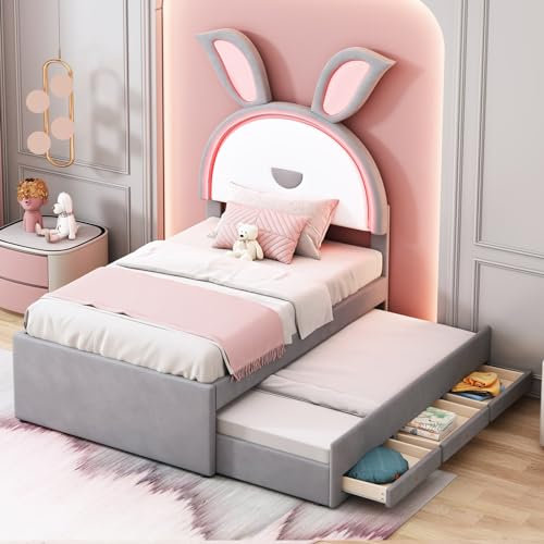 Skcess Kinderbett Polsterbett 90 X 200 cm,Samtstoff Gepolstertes Einzelbett-Schlafsofa, Stauraumschublade Und Farbwechselndem Led-Licht,Grau