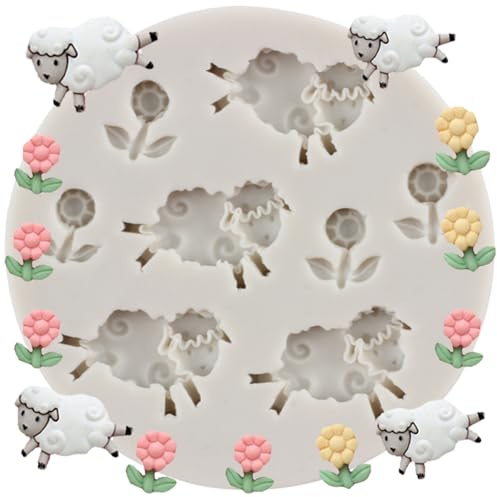 MINFEIDMS Tier Silikonform Schaf Fondant Formen Ziege Blume Gras Süßigkeiten Form für Zucker Kuchen Dekorieren Cupcake Topper Schokolade Gummipaste Polymer Clay