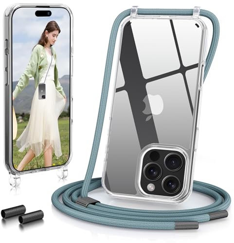 GOODVISH Handykette iPhone 16 Pro Max Hülle mit Band 6,9 Zoll, Transparent Necklace Handyhülle 16 Pro Max mit Kette, Stossfest Schutzhülle, Abnehmbar Umhänge Stylische case, PineGrün