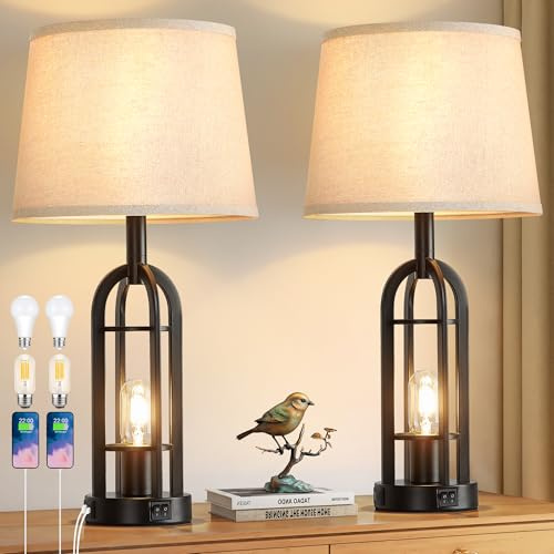 SRJJA Black Table Lamps for Living Room Set of 2 - Farmhouse Lamps for Night Stands with USB A+C, Bedside Lamps for Bedroom, 24'' Industrial Lamp for Living Room End Tables