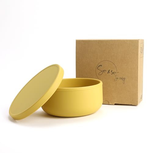 So&So Bol en silicone avec couvercle, bol à collation, bol à céréales, bol pour enfant, vaisselle pour enfant, vaisselle (sauces grillées, jaune)