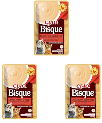 INABA Ciao Bisque - Cremige Suppe für Katzen, Huhn & Rindfleisch 1x40g, Katzenfutter nass ohne Getreide (Packung mit 3)