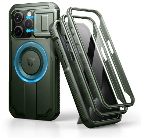 Dexnor Kompatibel mit iPhone 15 Pro Hülle mit Kameraabdeckung Schieben & Einstellbarer Kickstand & Integrierter Displayschutz, Robuste stoßfeste Bumper Heavy Duty Mangetic Schutzhülle - Military Green